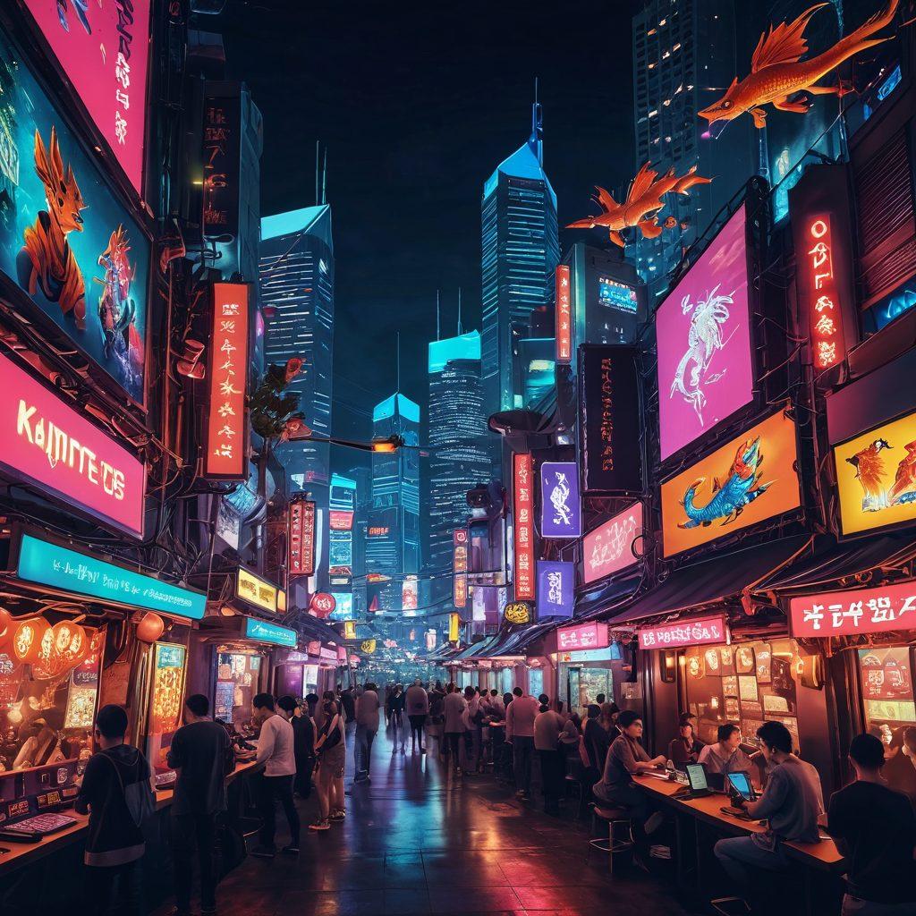 A sprawling digital landscape filled with vibrant interconnecting pathways leading to various blog posts about Asian betting and gambling. Incorporate elements like dice, cards, and culturally inspired symbols such as dragons and koi fish, set against a backdrop of neon city lights. Include a diverse group of bloggers or gamers engaging with the content on their devices, showcasing a sense of community and collaboration. dynamic and immersive. vibrant colors. cyberpunk.