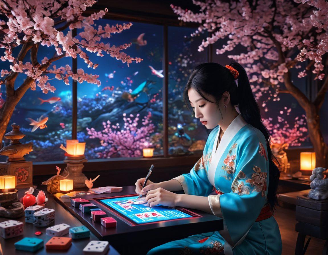 A captivating scene of a person passionately writing a blog about Asian gambling, surrounded by traditional Asian symbols like koi fish and cherry blossoms, while digital data streams visualize the flow of storytelling. Include elements of dice, playing cards, and vibrant neon lights to illustrate the gambling theme. The setting should blend a tranquil zen garden with a modern tech vibe. super-realistic. vibrant colors. 3D.