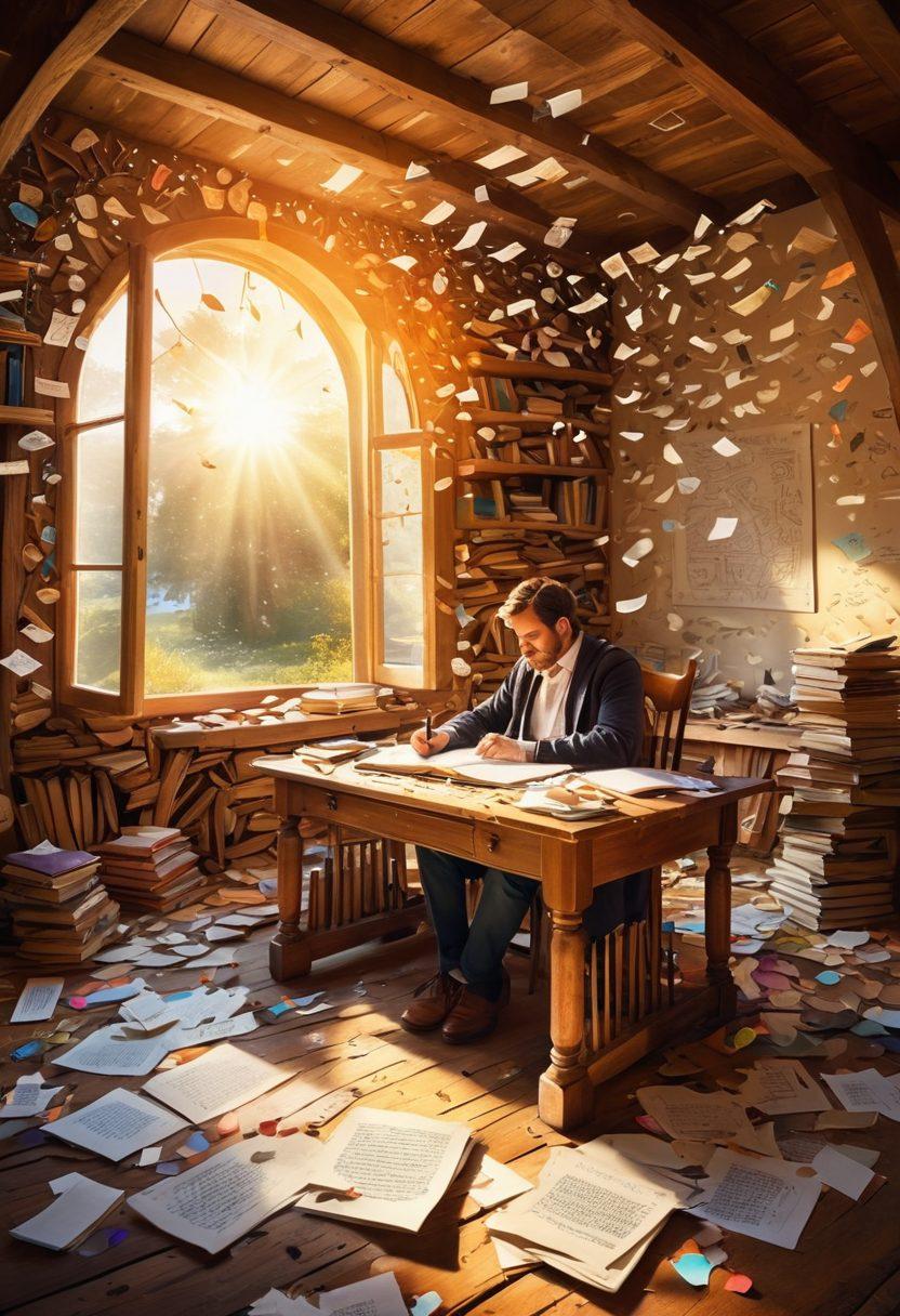A writer immersed in creativity, seated at a rustic wooden desk scattered with notes and books, surrounded by floating words and symbols of storytelling. A whimsical landscape in the background featuring a winding path leading to a captivating horizon of ink and paper. Bright rays of sunlight illuminate the scene, evoking inspiration and imagination. illustration style with vibrant colors and dreamy surreal elements.
